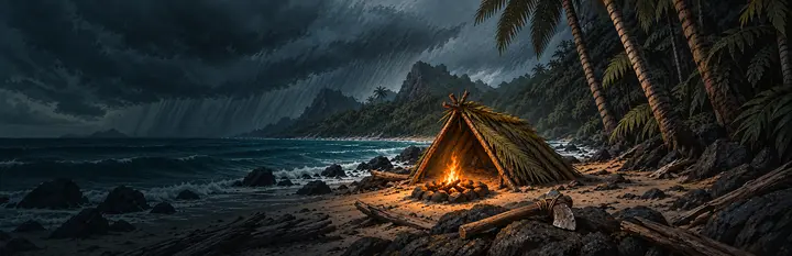 Wide key art of the camp in a storm