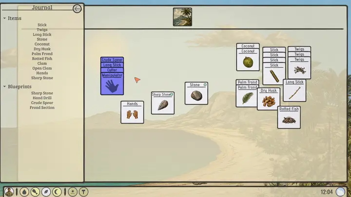 Crafting a crude spear from a long stick and a sharp stone